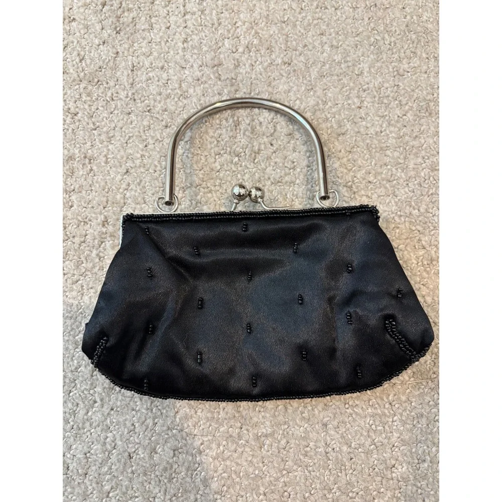 Bijoux Terner‎ Evening Bag Small Black Beaded Sequin Satin Kiss Lock Clutch